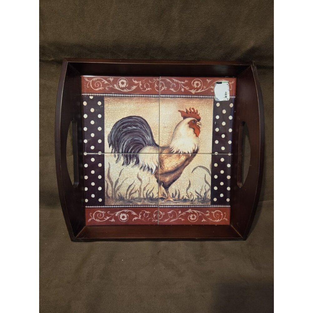 Vintage Rooster Serving Tray Wooden Base with 4 Ceramic Tiles Surface
